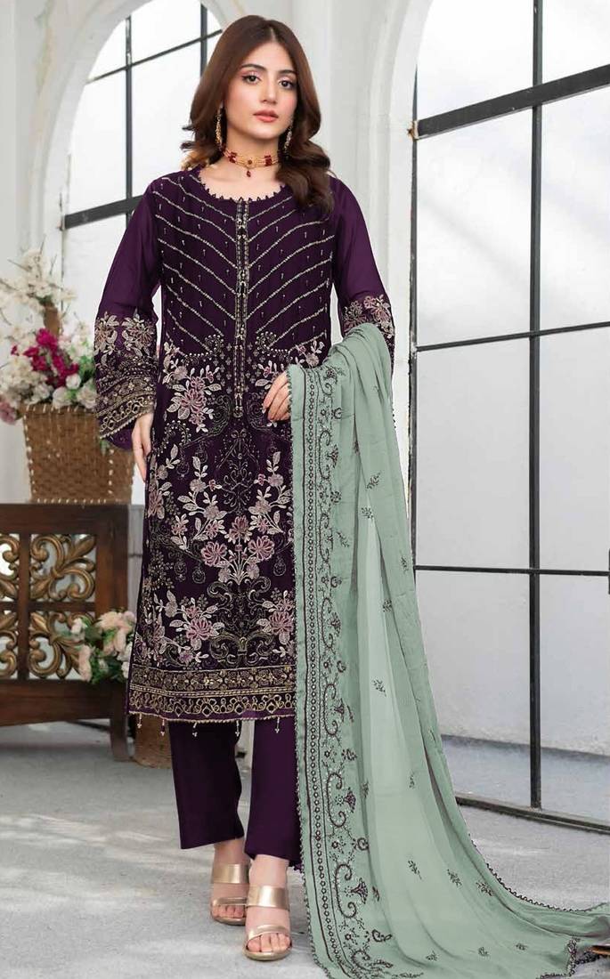 Dark purple embroidered faux georgette suit 