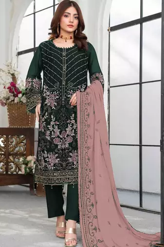 Dark green embroidered faux georgette suit 