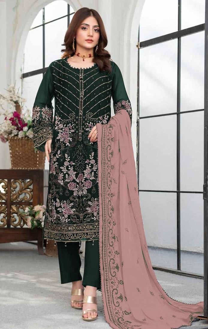 Dark green embroidered faux georgette suit 