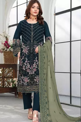 Teal embroidered faux georgette suit 