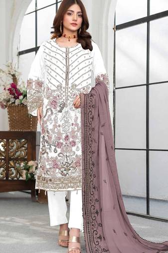 White embroidered faux georgette suit 