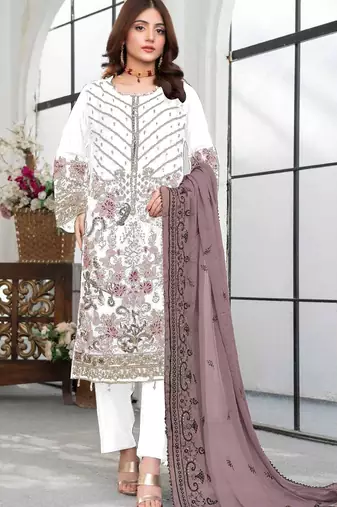 White embroidered faux georgette suit 