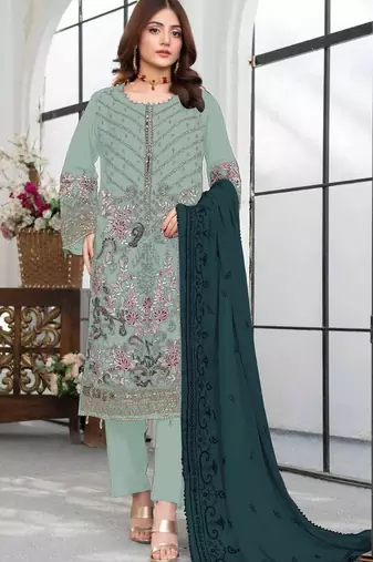 Sky blue embroidered faux georgette suit 