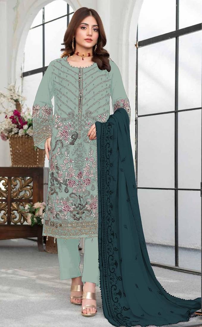Sky blue embroidered faux georgette suit 