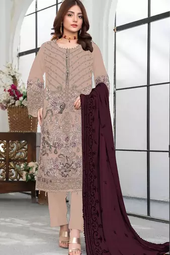 Beige embroidered faux georgette suit 