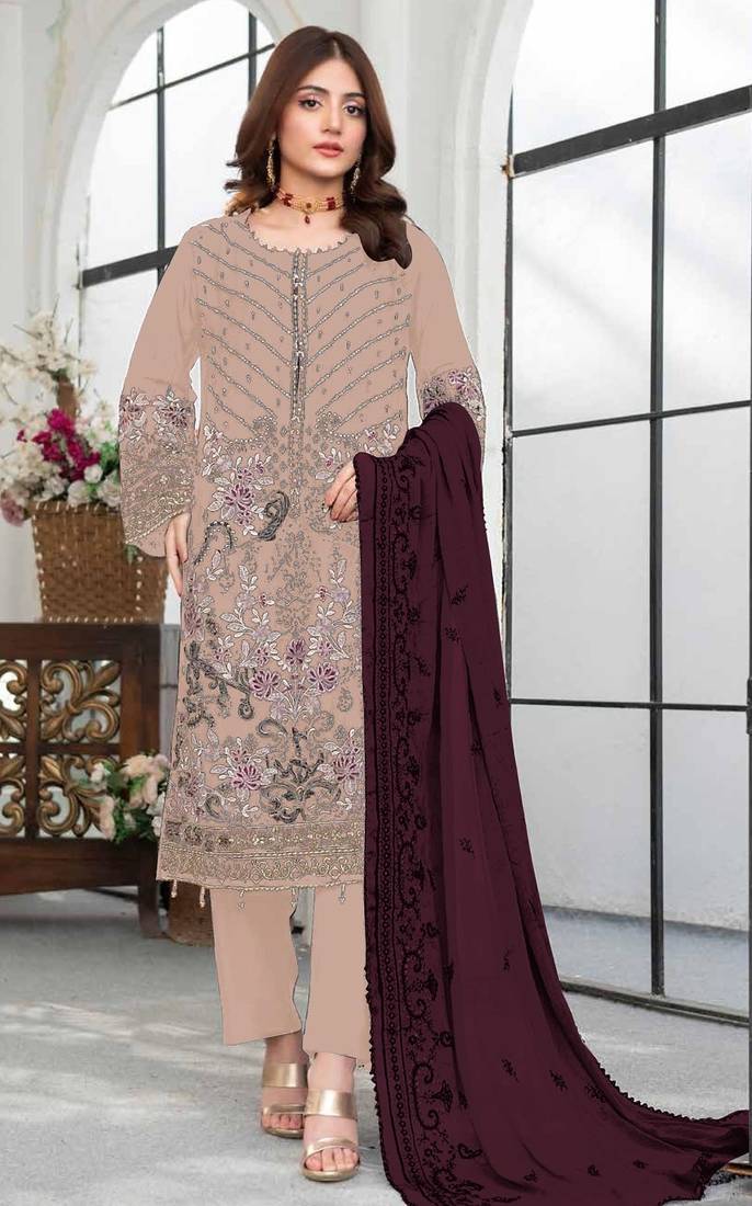Beige embroidered faux georgette suit 