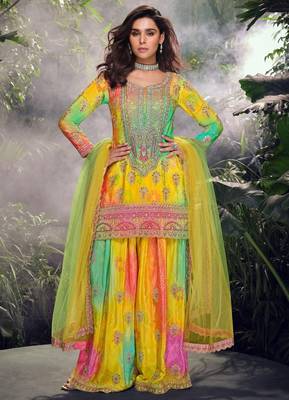 Yellow chinon free size stitched suit with embroidered sequin -full stitched free size 1