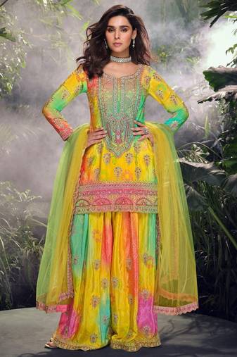 Yellow chinon free size stitched suit with embroidery & sequence work-full stitched free size