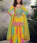 Yellow chinon free size stitched suit with embroidery & sequence work-full stitched free size