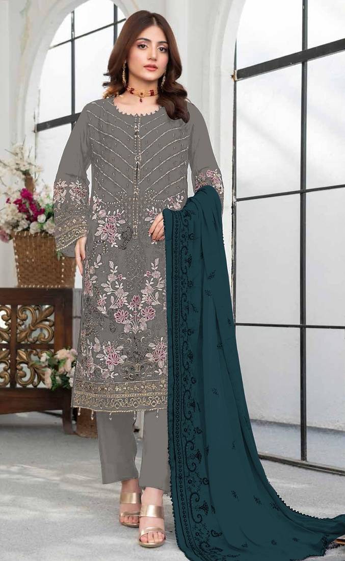 Green embroidered faux georgette suit 
