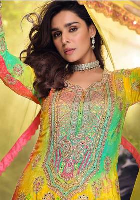 Yellow chinon free size stitched suit with embroidered sequin -full stitched free size 2