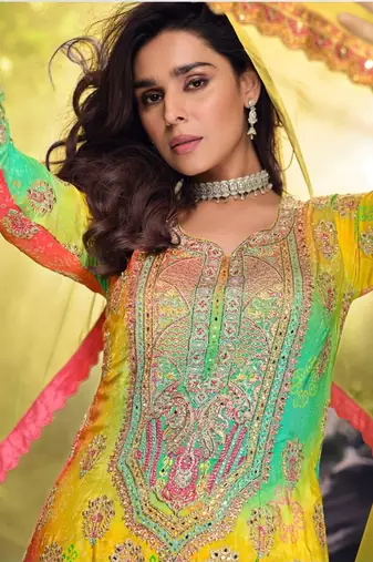 Yellow chinon free size stitched suit with embroidered sequin -full stitched free size