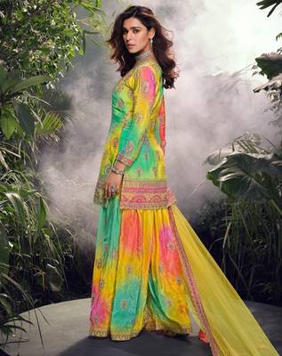 Yellow chinon free size stitched suit with embroidered sequin -full stitched free size 3