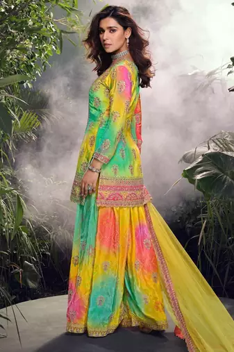 Yellow chinon free size stitched suit with embroidered sequin -full stitched free size