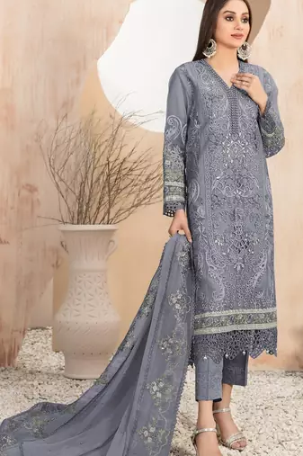 Grey faux georgette semi stitched suit with embroidery work