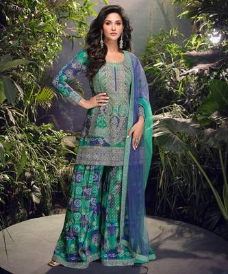 Blue chinon embroidered Suit - Full Stitched free size 1
