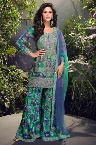Blue chinon embroidered Suit 