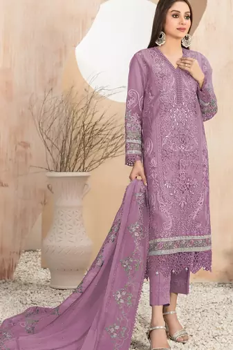 Lavender embroidered faux georgette suit 