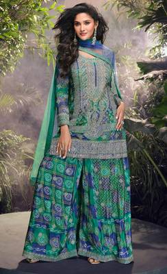 Blue chinon embroidered Suit - Full Stitched free size 2