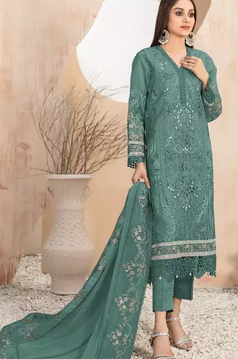 Green embroidered faux georgette suit 