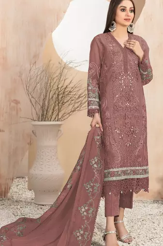 Brown embroidered faux georgette suit 