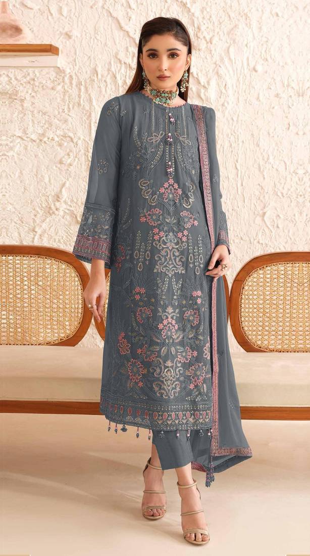 Dark grey embroidered faux georgette suit 