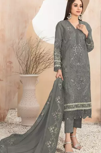 Dark grey embroidered faux georgette suit 