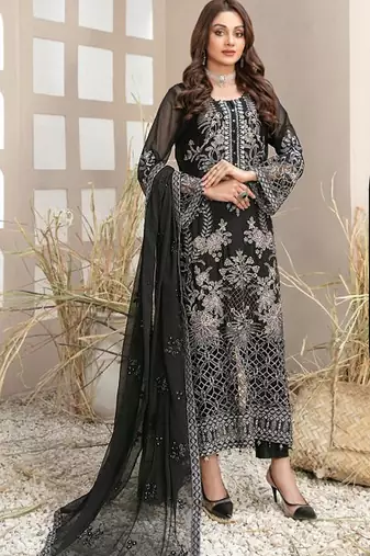 Black faux georgette semi stitched suit with embroidery work