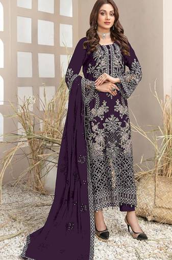 Dark purple embroidered faux georgette suit 