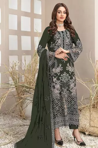 Dark green embroidered faux georgette suit 