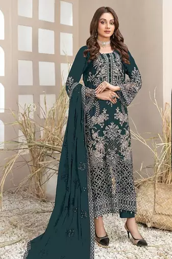 Teal embroidered faux georgette suit 