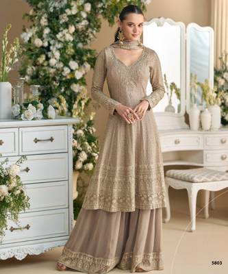 Beige heavy georgette free size stitched suit with sequin  & diamond work 1