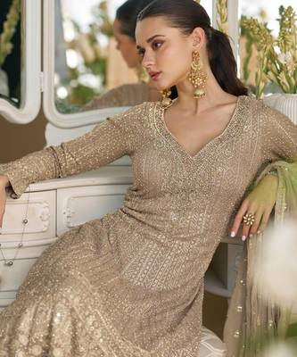 Beige heavy georgette free size stitched suit with sequin  & diamond work 2