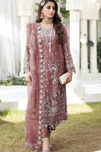 Brown embroidered faux georgette suit 