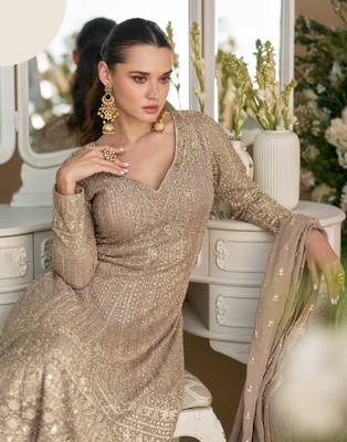 Beige heavy georgette free size stitched suit with sequin  & diamond work 3