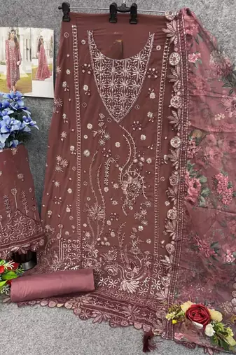 Brown embroidered faux georgette suit 
