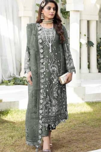 Grey embroidered faux georgette suit 