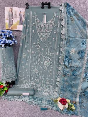 Sky blue embroidered faux georgette suit  2