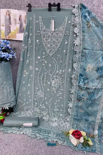 Sky blue embroidered faux georgette suit 
