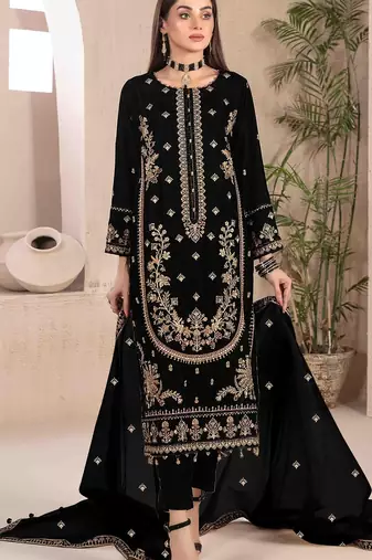 Black velvet semi stitched suit with embroidery work