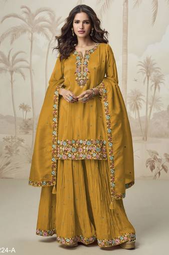 Mustard simar with embroidery multi & zarkhan work readymade plazzo suit