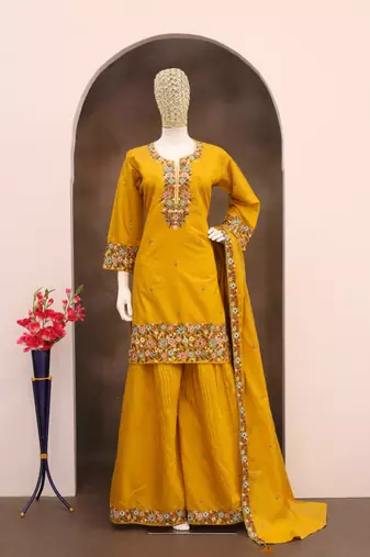 Mustard simar with embroidery multi & zarkhan readymade plazzo suit