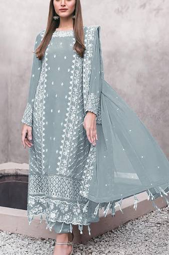 Sky blue embroidered faux georgette suit 