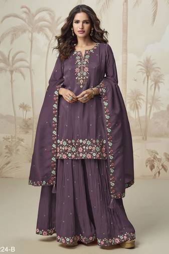 Wine simar with embroidery multi & zarkhan work Palazzo suit