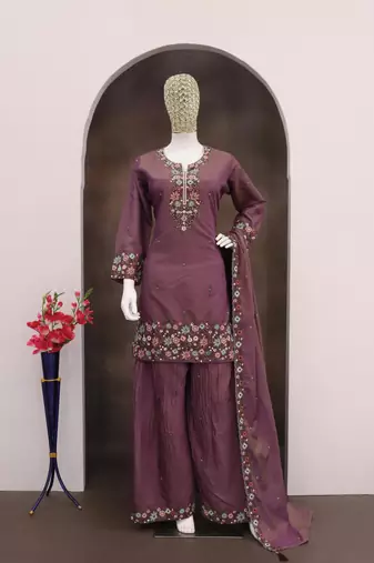 Wine simar with embroidery multi & zarkhan Palazzo suit