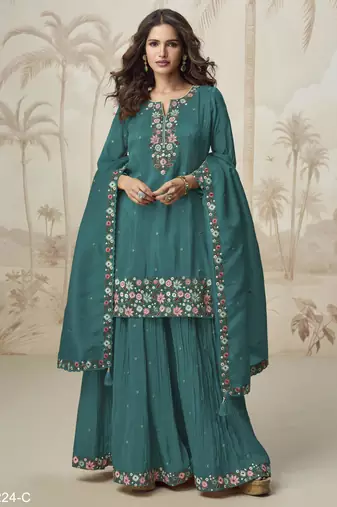 Turquoise simar with embroidery multi & zarkhan work Palazzo suit