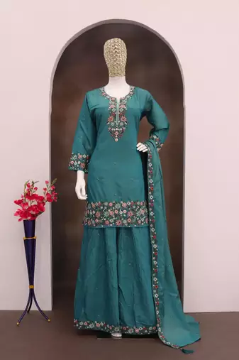 Turquoise simar with embroidery multi & zarkhan Palazzo suit