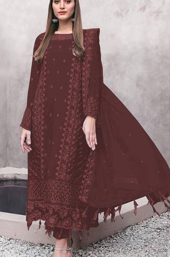 Maroon embroidered faux georgette suit 