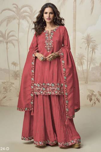 Peach simar with embroidery multi & zarkhan work Palazzo suit