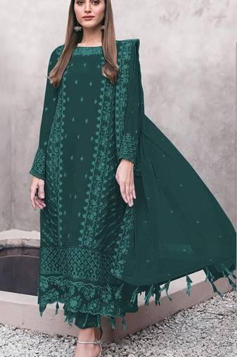 Dark green embroidered faux georgette suit 